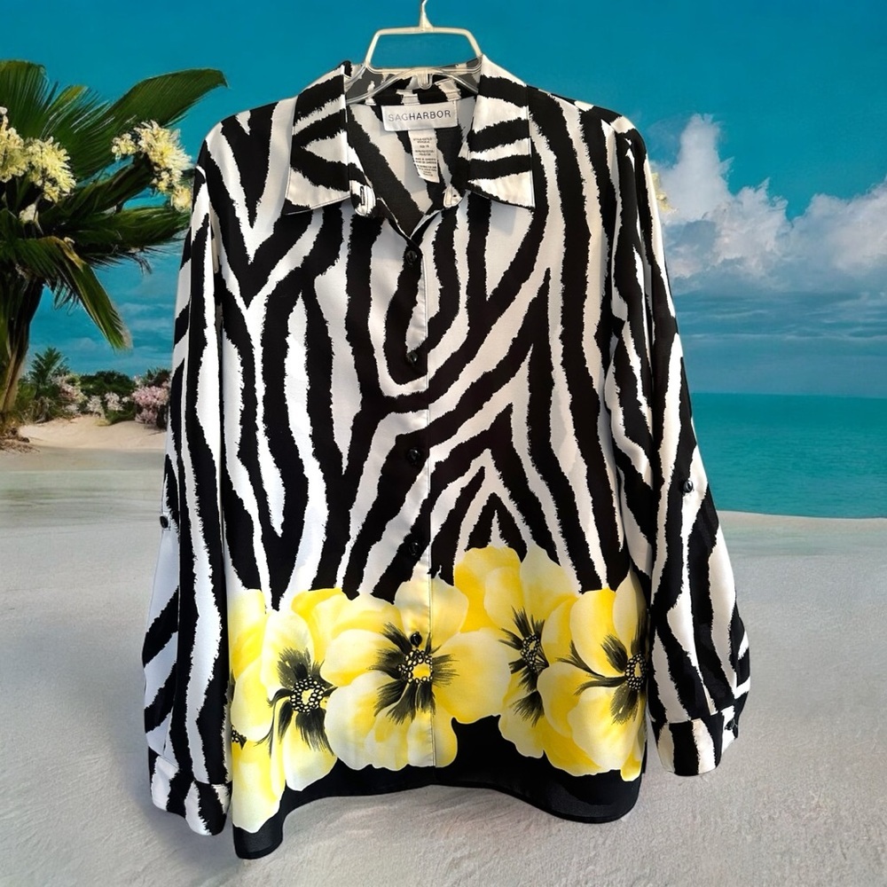 Sag Harbor Zebra & Floral Button Blouse Womens 14 Tropical Roll Tab Long Sleeves